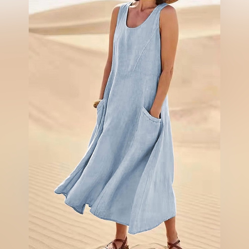 Sleeveless Light Blue Maxi Dress with Pockets